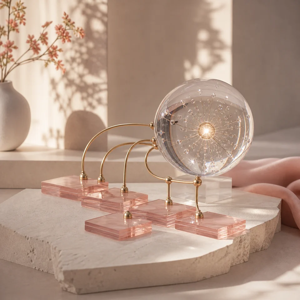 A luminous crystal network connected to orderly rose-glass tiles