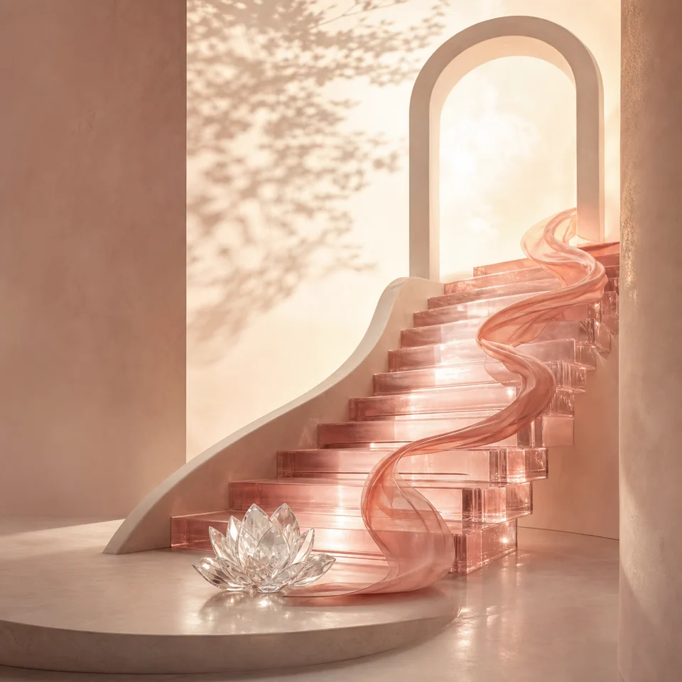 A rose-glass staircase curving toward a luminous open arch