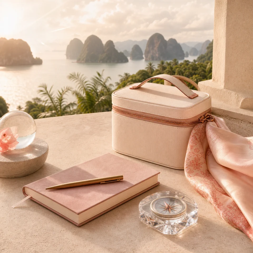 A refined travel-work kit overlooking tropical islands in Thailand