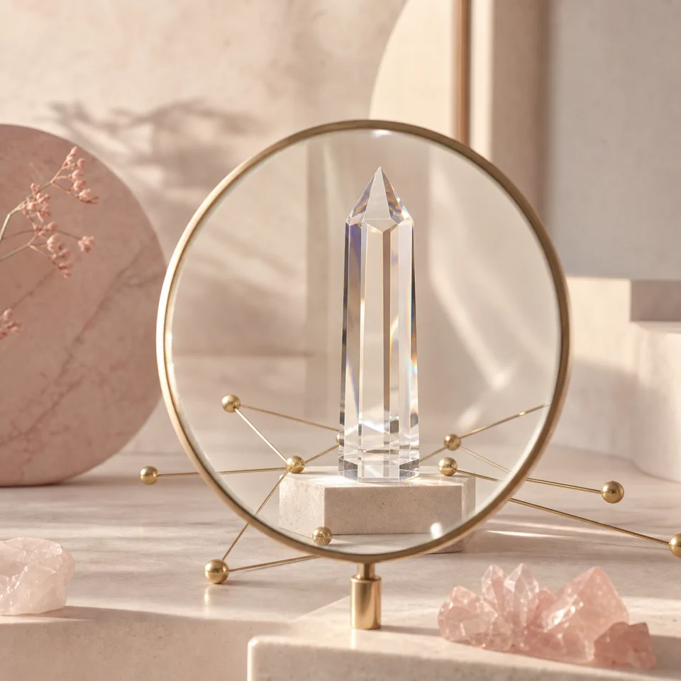 A clear crystal beacon brought into focus through a brass lens
