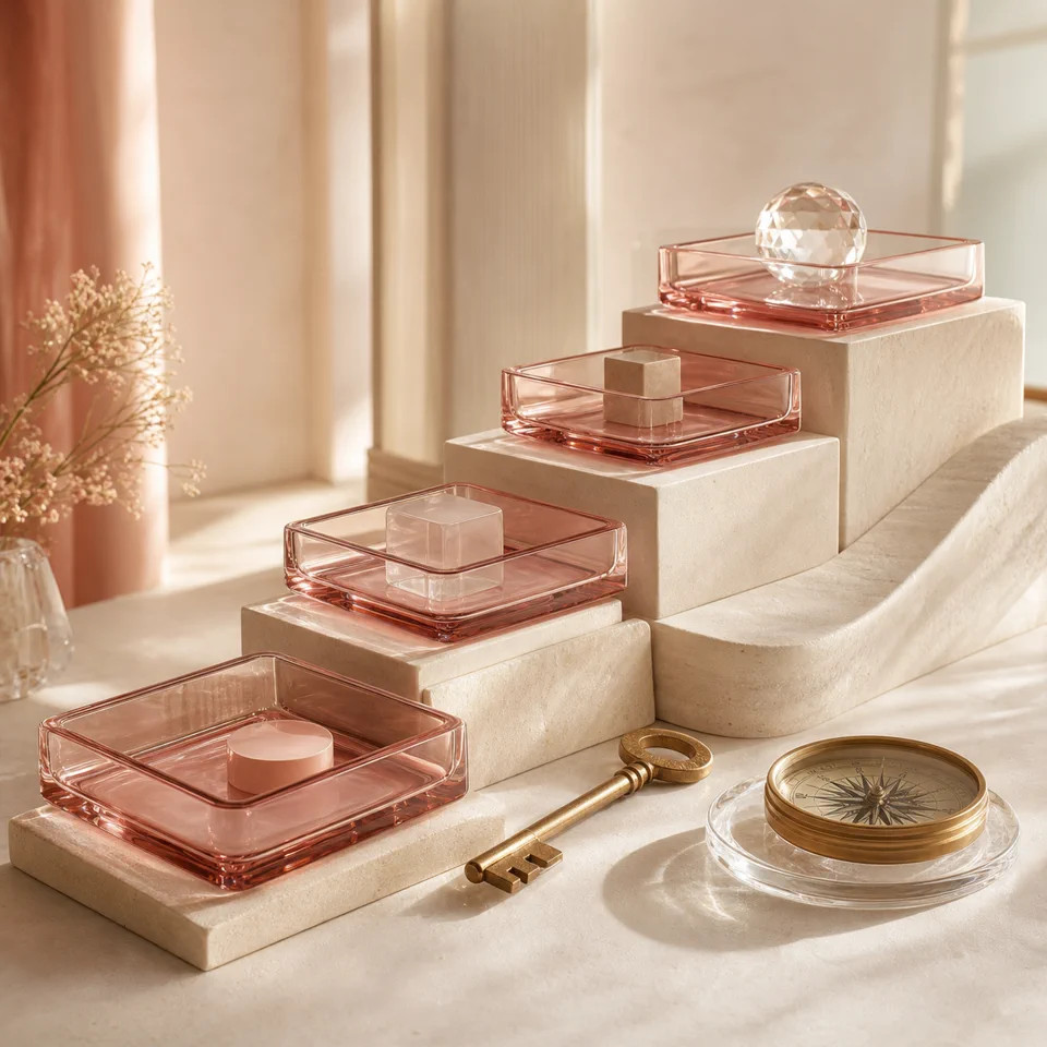 Rose-glass work trays rising beside a brass key and compass