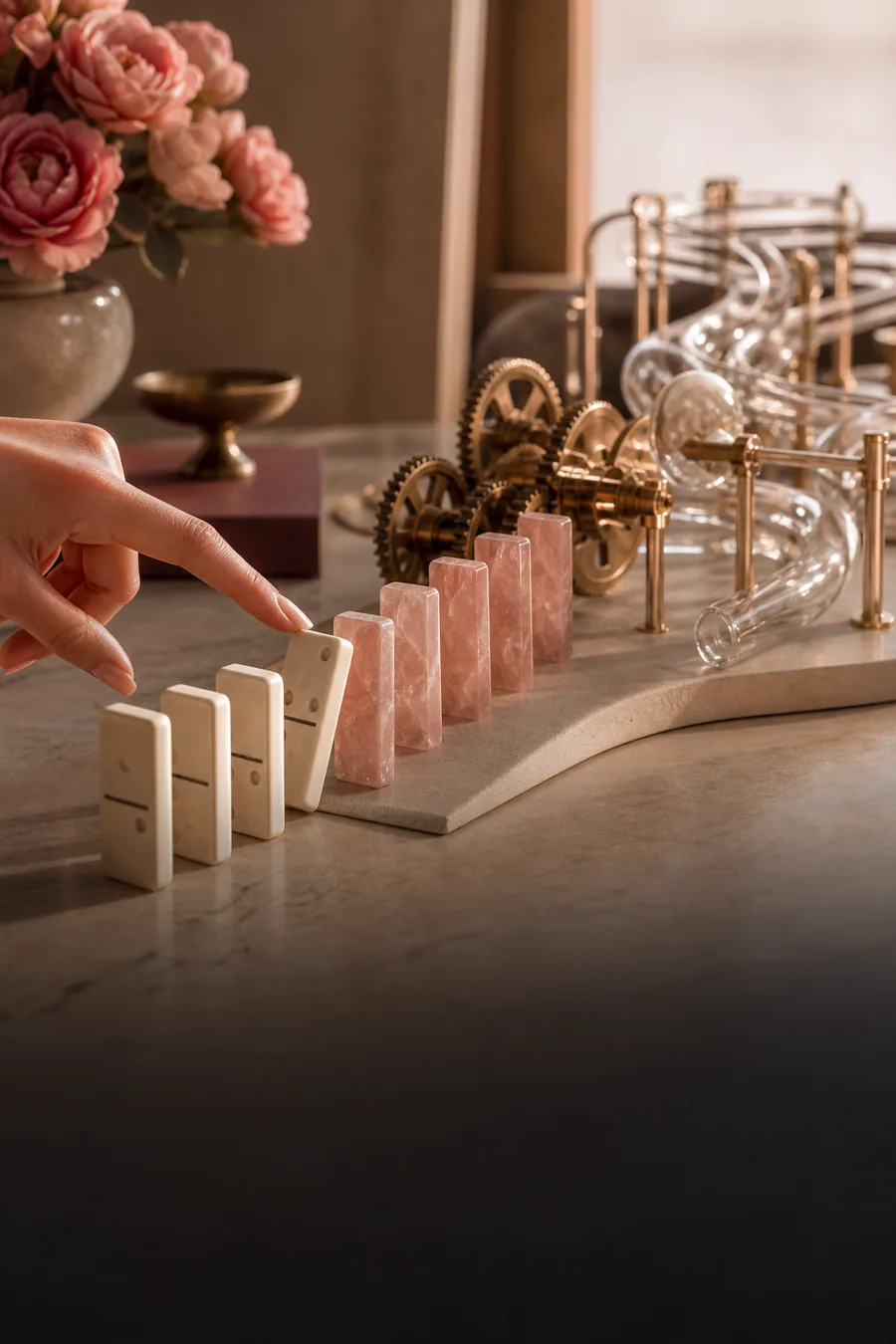 A domino chain setting brass gears and glass channels into motion