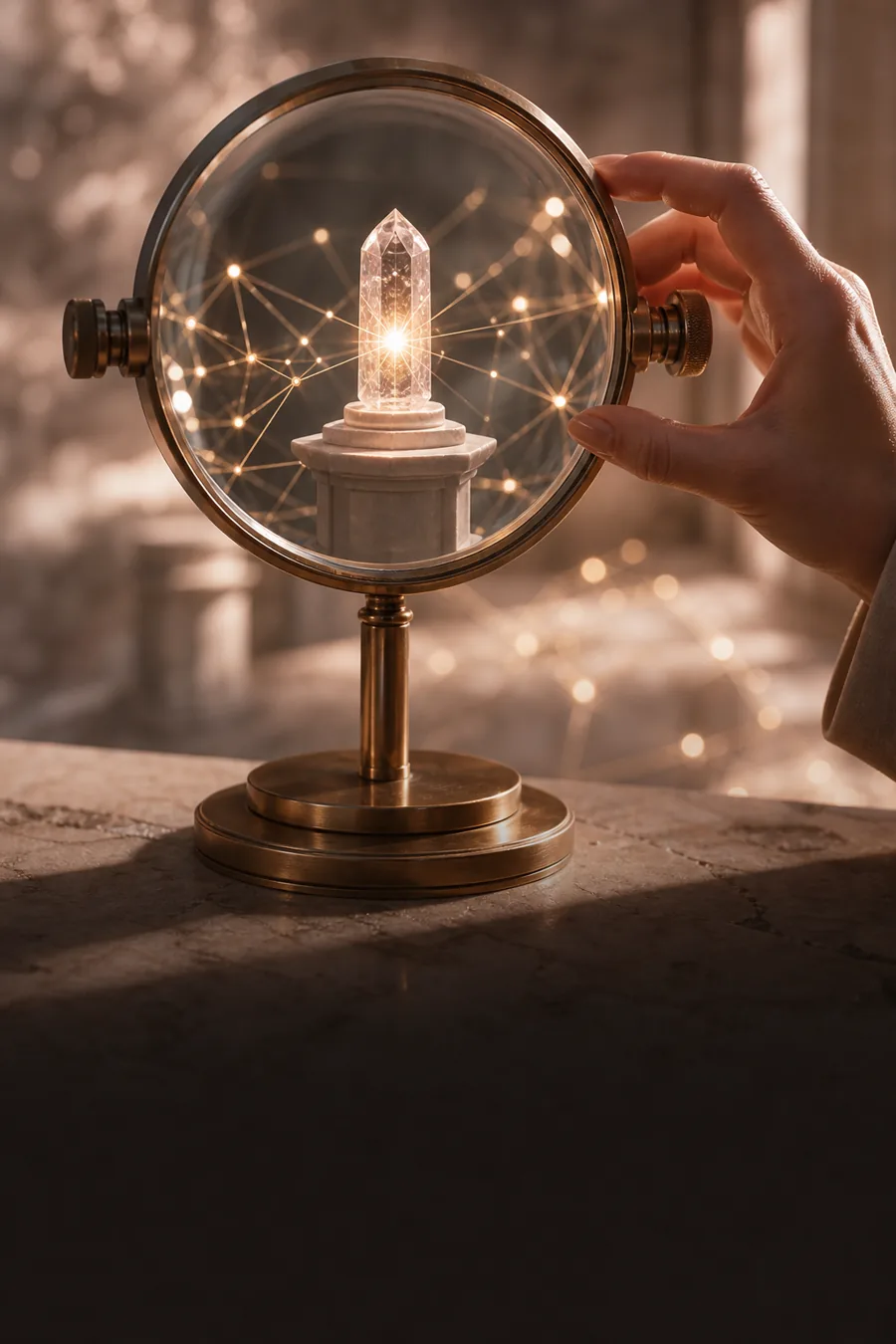 An optical lens bringing a connected crystal beacon into clear focus