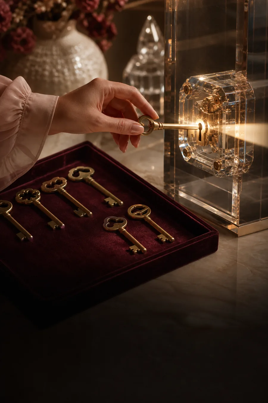 A precise brass key unlocking an illuminated crystal mechanism