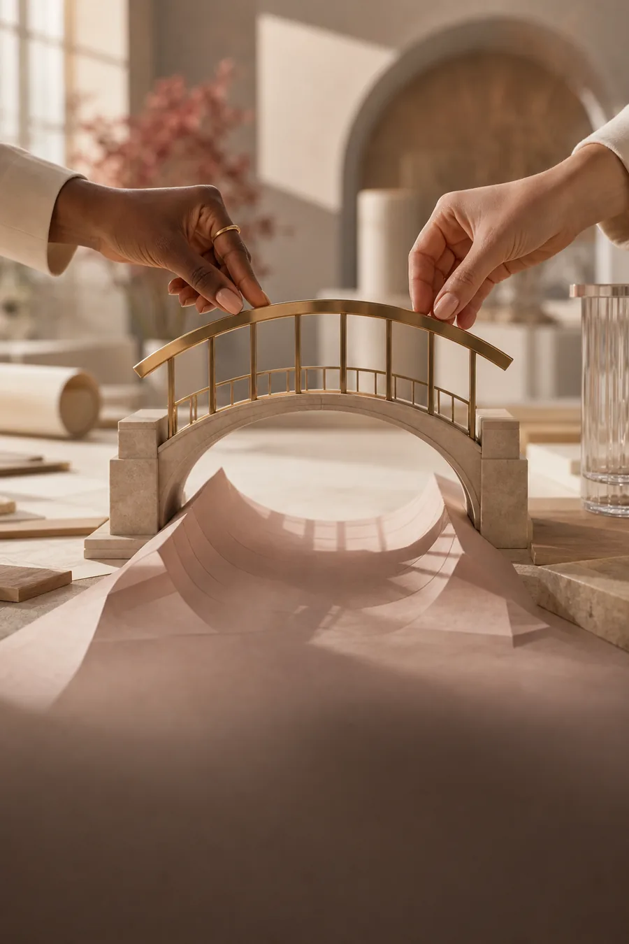 Two hands completing a miniature bridge from an architectural plan